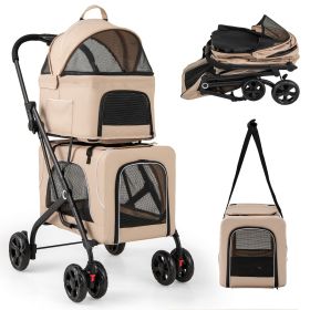 Double Pet Stroller Foldable 3-in-1 Dog Stroller with 2 Detachable Carriers (Color: beige)